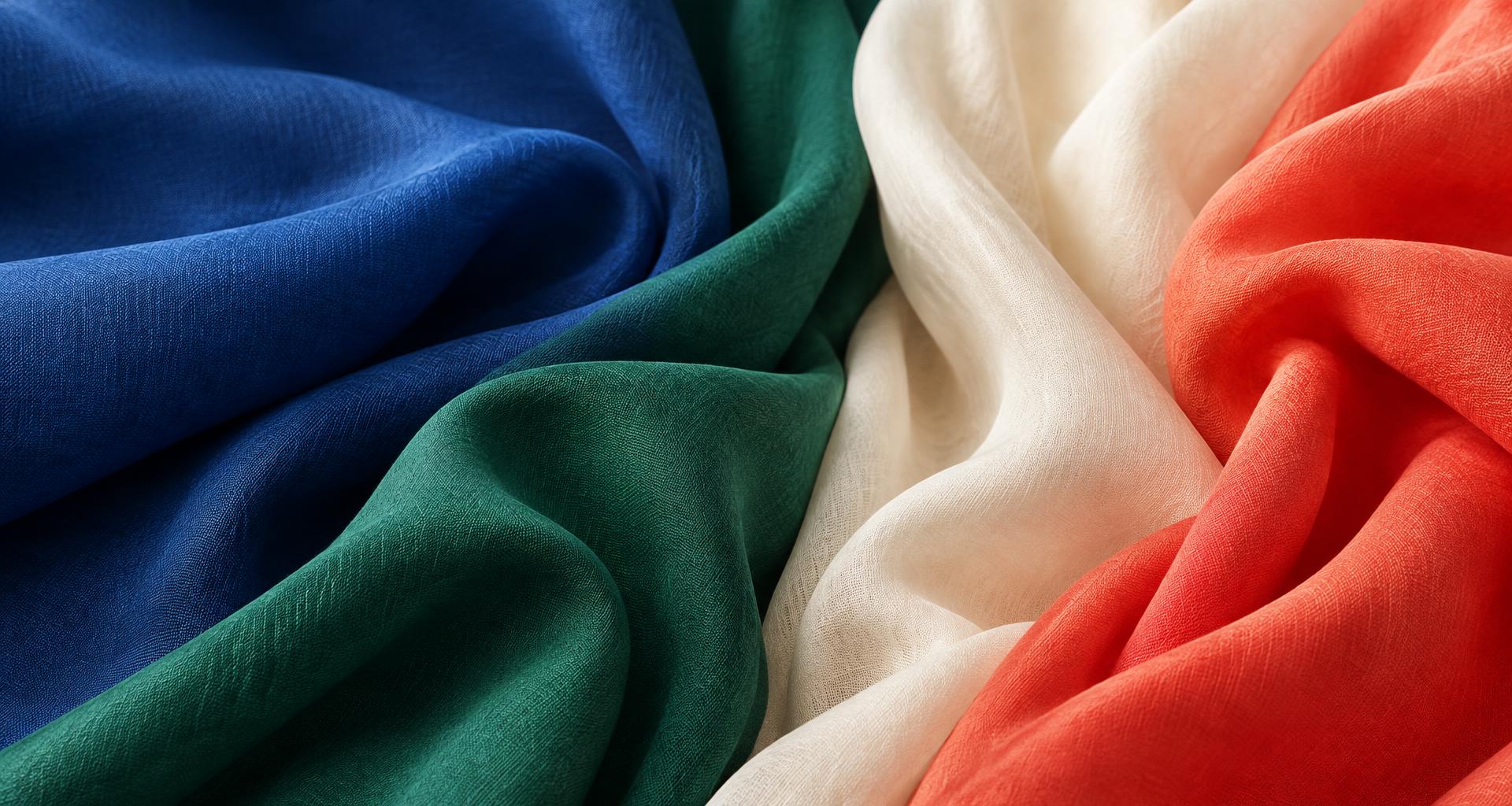 Sculptural folds of blue, green, ivory and coral woven fabrics